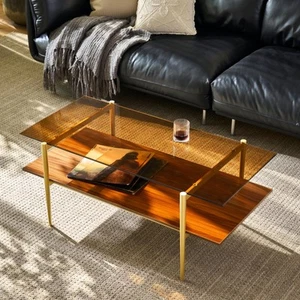Saint Mossi Tadio Double Layer Glass Coffee Table for Living Room, Brown Glas... - Picture 1 of 9