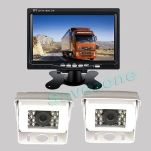 2 x Caméra de recul Blanc CCD Arrière vision nocturne 12V-24V+ 7" Ecran LCD 10m - Picture 1 of 11