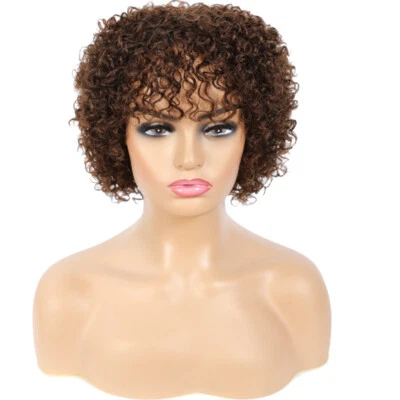 Light Brown Short Human Hair Afro Curly Bob Wigs for Black Women Bangs No Lace - Image 1 of 4