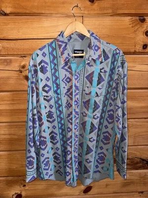 Vtg Wrangler Brushpopper Shirt Sz 17.5/35 Purple Aztec Rodeo Western Rare - Image 1 of 4