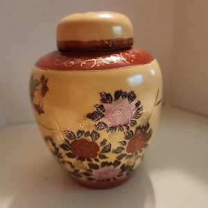 Vintage LJ Flowers Butterfly Design Ginger Jar Urn And Lid Gold Trim 6” T Unique - Picture 1 of 10