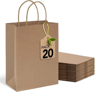 Bolsas de papel marrón MESHA 8x4,25x10,5 pulgadas 20 piezas, bolsas de papel con asas, resistentes Foto 1 de 4