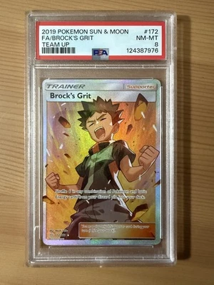 2019 POKEMON SUN & MOON TEAM UP 172 FULL ART/BROCK'S GRIT PSA 8 - Image 1 of 2