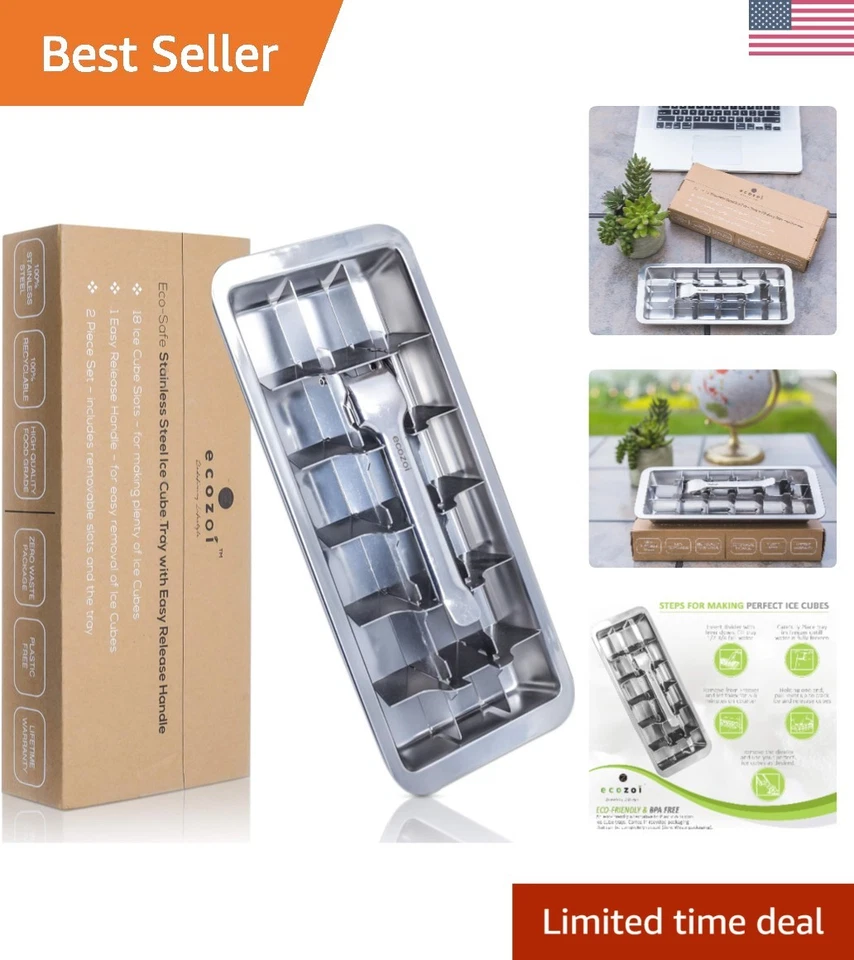 ecozoi Stainless Steel Metal Ice Cube Tray With Easy Release Handle 18 Slots