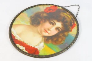 Victorian German Chromolithograph Portrait Of Girl Red Flowers Metal Glass Frame - Picture 1 of 6