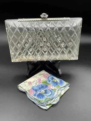 RARE 1950'S CLEAR CARVED LUCITE BAG PURSE CLUTCH W/ RHINESTONES & DIAMOND JEWEL - Image 1 of 4