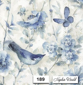 (189) TWO Indiv. Paper LUNCHEON Decoupage Napkins - BLUE BIRD FLOWERS BUTTERFLY - Picture 1 of 3