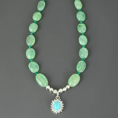 Collana Con Pendente In Turchese E Perle Di Avventurina Verde Naturale A 18" - Immagine 1 di 4