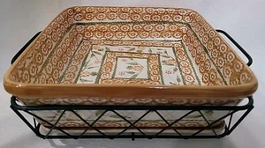 Temptations Old World Orange Square 1.5 QT Baking Dish w/Rack & Trivet EUC - Picture 1 of 8