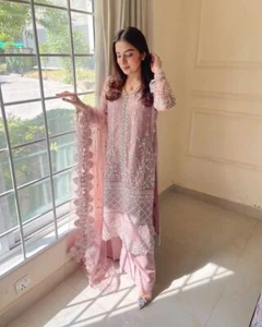 HEAVY EMBROIDERED SHALWAR KAMEEZ DIWALI FESTIVAL WEAR KURTA PALAZZO DUPATTA SET - Picture 1 of 7