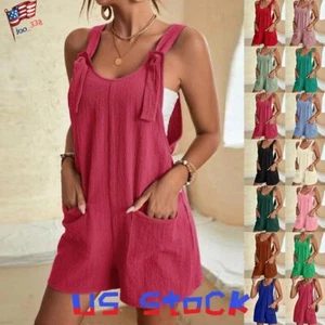 Womens Mini Jumpsuit Dungarees Pocket Shorts Ladies Playsuit Overalls Rompers US - Picture 1 of 28