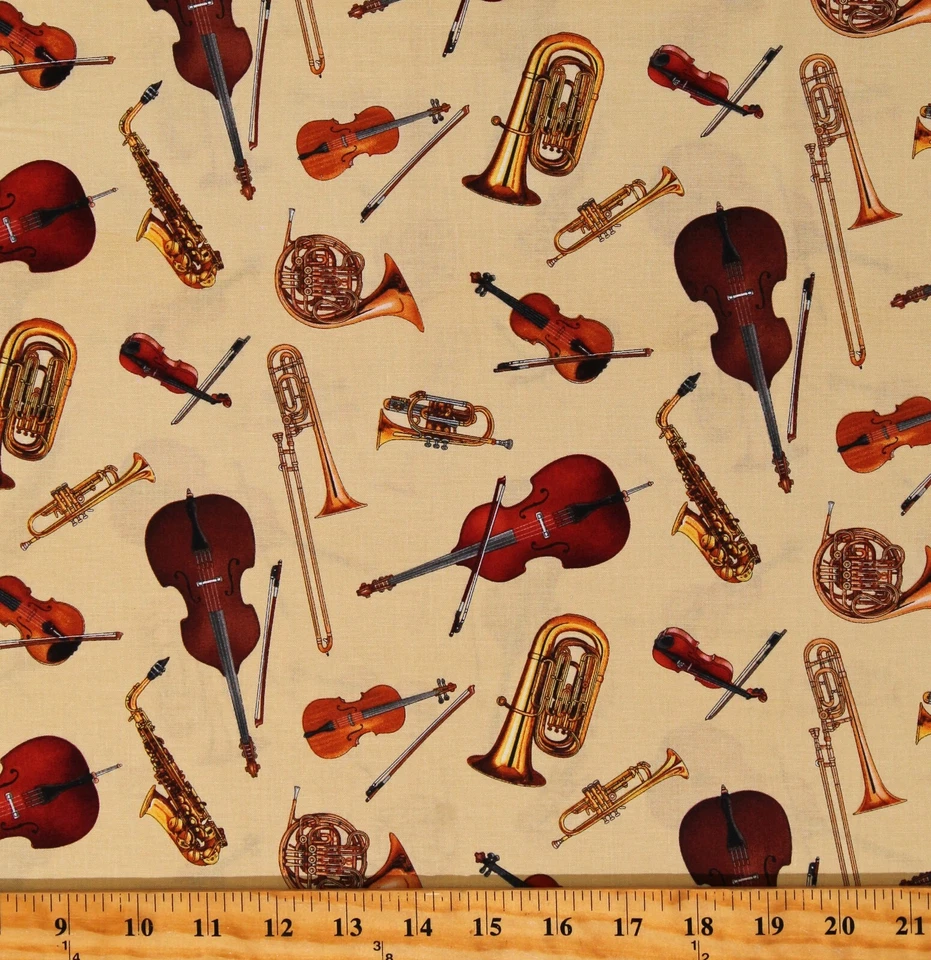 Instrumentos musicales de algodón músicos jazz impresión de tela dorada por yarda D682.88 Foto 1 de 1