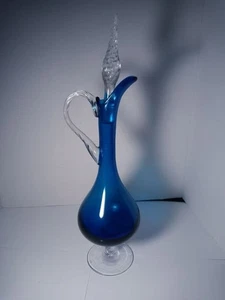 Vintage Blue Empoli Style Pitcher Hand Blown Glass with stopper Italy 17" - Picture 1 of 5