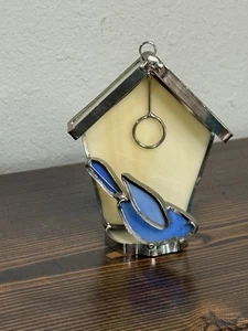 Vintage Blue bird house slag stained glass sun catcher handmade 3d - Picture 1 of 5