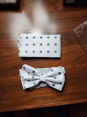 Men's Pre-tied Bow Tie & hankie set polyester Silver Black Polka Dot wedding  - Image 1 of 2