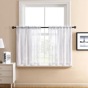 White Kitchen Curtains 24 Inch Length Set of 2 Panels Cafe Curtain Tiers Line... - Picture 1 of 9