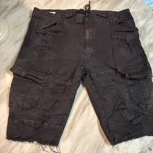 Pantalones cortos desgastados de mezclilla negros Smoke Rise nuevos con etiquetas, cargo, talla 44 - Imagen 1 de 21