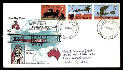 Mayfairstamps 澳大利亚 FDC 1969 飞机帽组合英格兰到奥地利第一飞行 — 第 1/2 张图片