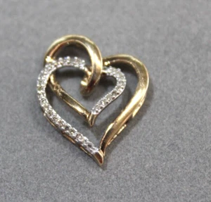 Double Floating Heart Pendant / Charm ~ 10K Yellow Gold & Diamonds ~ 1.5 Grams - Picture 1 of 16