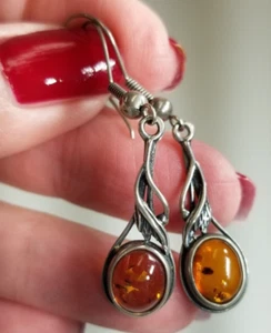 Vintage 925 Sterling Silber & Bernstein Ohrhänger Ohrhänger Handarbeit - Bild 1 von 8