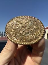 Small Vintage Crumrine Women's Western Floral Brass Engraved Belt Buckle 2 1/8”