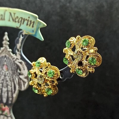 Pendientes con flores Michal Negrin poste grande chapados en oro y cristales de Swarovski verdes Foto 1 de 4