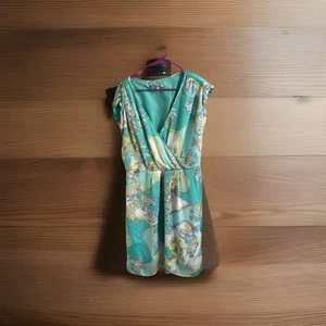 Jennifer Lopez JLO Surplice Faux Wrap Floral Dress Aqua Sleeveless 1x Small Spot - Picture 1 of 5