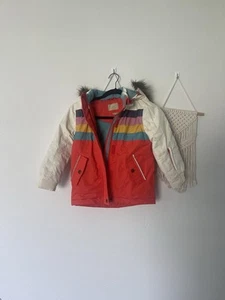 Boden Girls Colorful Striped Winter Jacket Sz 5-6 Years Faux Fur Hood - Picture 1 of 4