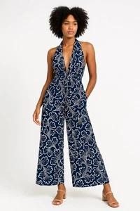African Stars Floral Halter Jumpsuit Women’s Medium Blue White Wide Leg Cotton - Picture 1 of 9