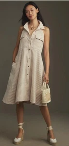 Pilcro Sleeveless Halter Swing Midi Tan & White Striped Collared Dress Sz Large - Picture 1 of 10