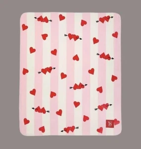 VICTORIA'S SECRET Cozy Plush Red HEARTS Pink&White Striped Heart BLANKET $69.95 - Picture 1 of 3