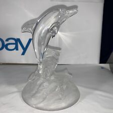 Clear Glass Dolphin/ Porpoise on Satin Wave Base Glass Statue 6" Tall Figurine