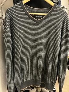 KENNETH ROBERTS PLATINUM V-NECK SWEATER SIZE L BLACK STRIPED - Picture 1 of 4