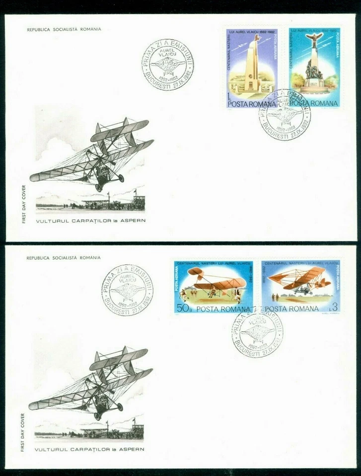 1982 Aviation Pioneer-Aurel Vlaicu,Plane model,Glider,Statue,Romania,Mi.3897,FDC - Image 1 of 1