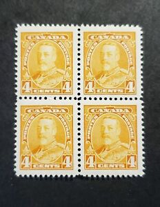 Stamps Canada Mint: #220 4c yellow Geo. V Pictorial Issue blk. of 4 VF MNH