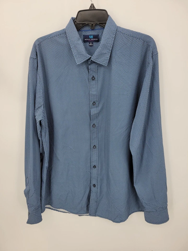 Camisa Michael Brandon Para Hombre XL Estampado Azul Rendimiento Elastizada Manga Larga Preppy Foto 1 de 4