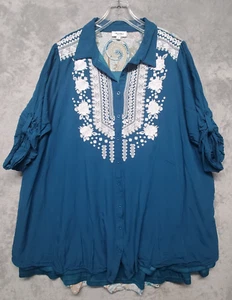 Angel Heart Boutique Top Womens Teal Blue White Embroidered Tunic Paisley - Picture 1 of 12