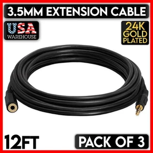 3 Pack 12 Feet 3.5mm Extension Cable Aux Male to Female Stereo Audio Cord TV PC - Picture 1 of 8