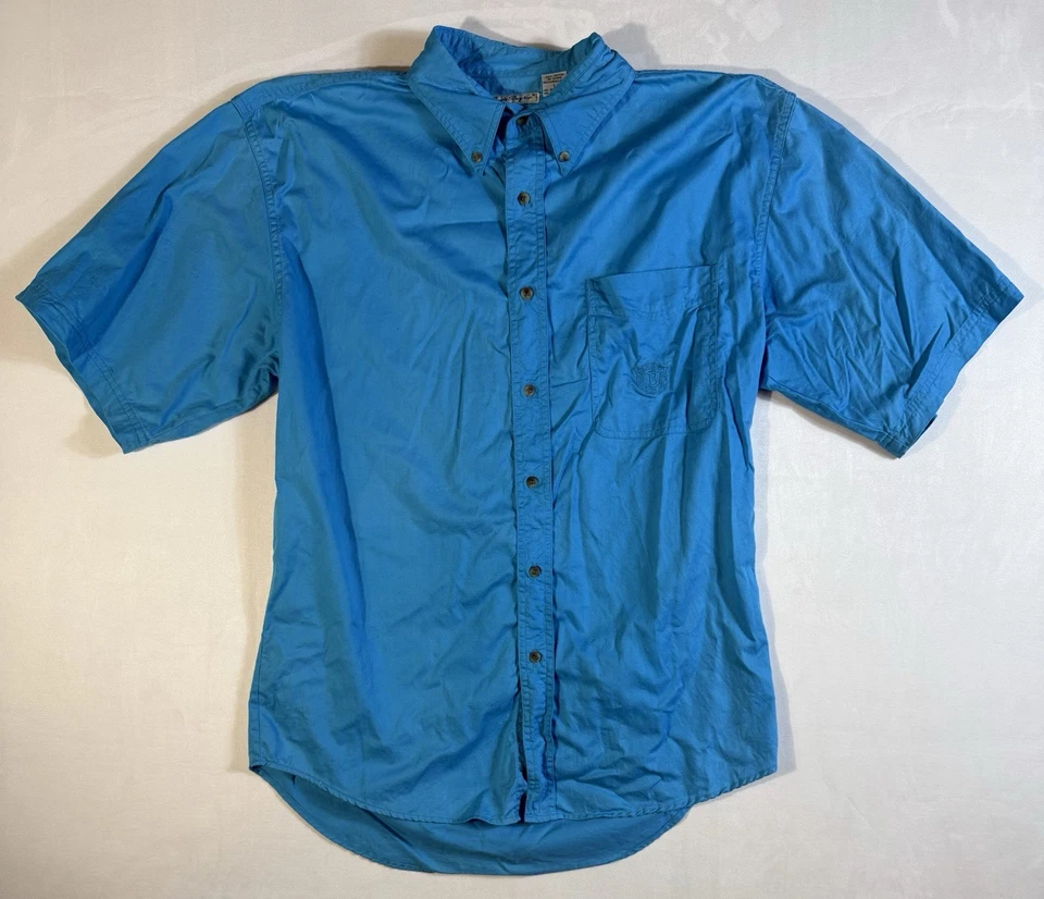 Vintage Bugle Boy Button Up Shirt Adult L Large Blue Crest Casual Mens w Pocket - Image 1 of 4
