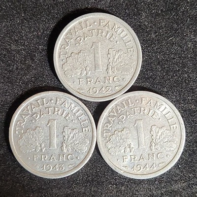 WWII Vichy France 1 Franc Date Set - 1942, 1943, 1944 - État Français VF/XF - Image 1 of 2