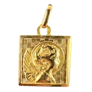 Vintage französischer Perroud Raffael’s Cherub 18K Gelbgold quadratischer Medaillenanhänger - Bild 1 von 14