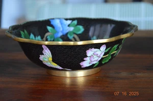 Antiguo cuenco mariposa cloisonné chino negro amarillo y verde - Imagen 1 de 14