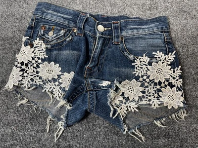 True Religion Shorts Womens 29 Blue Denim Lace Floral Puddle Of Mudd Frayed Hem - Image 1 of 4