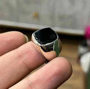 Natural Yemeni Black Aqeeq, Agate Stone, 925 Sterling Silver Handmade Men's Ring - Picture 1 of 4