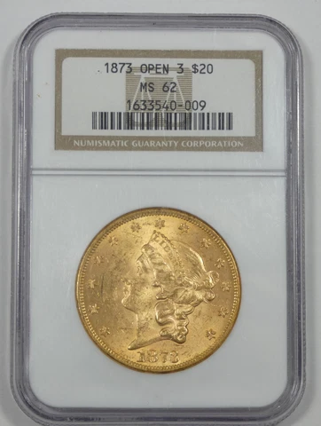1873 Open 3 GOLD Liberty Head $20 Double Eagle CERTIFIED NGC MS 62 Cover