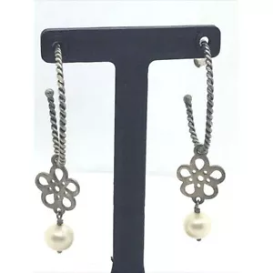 PANDORA 925 ALE Dangle Pearl Hoop Earrings signed Sterling Silver Unique rare - Picture 1 of 6