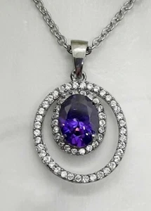 Stainless Steel Necklace Purple CZ 16 To 18 Inch adjustable Silver Chain - Picture 1 of 7