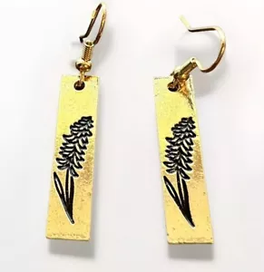 VTG Botanical Bar Dangle Earrings Gold Tone Black Enamel Lilac Modern Fireweed - Picture 1 of 6