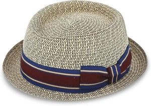 fiebig ® WALLKU STROHHUT HUT HÜTE SOMMER PORK PIE TRILBY BLAU NEU TREND - Picture 1 of 4