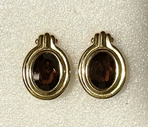 Vintage Givenchy Earrings Gold Tone & Large Faceted Amber Stone Clip On - Picture 1 of 4